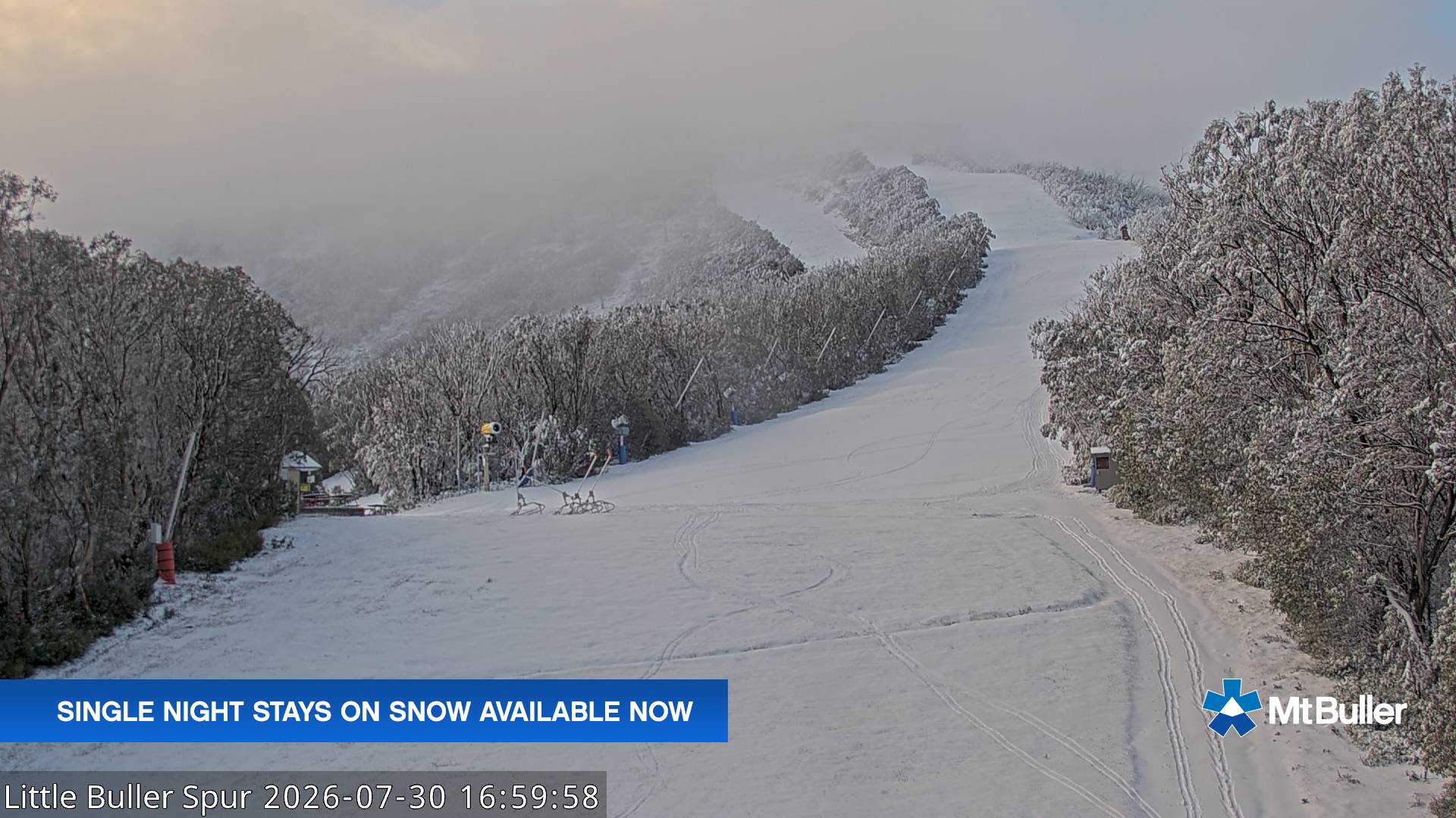 Mt Buller Little Buller Spur snow cam captured at 30 July 2026 at 5:00 pm AEST