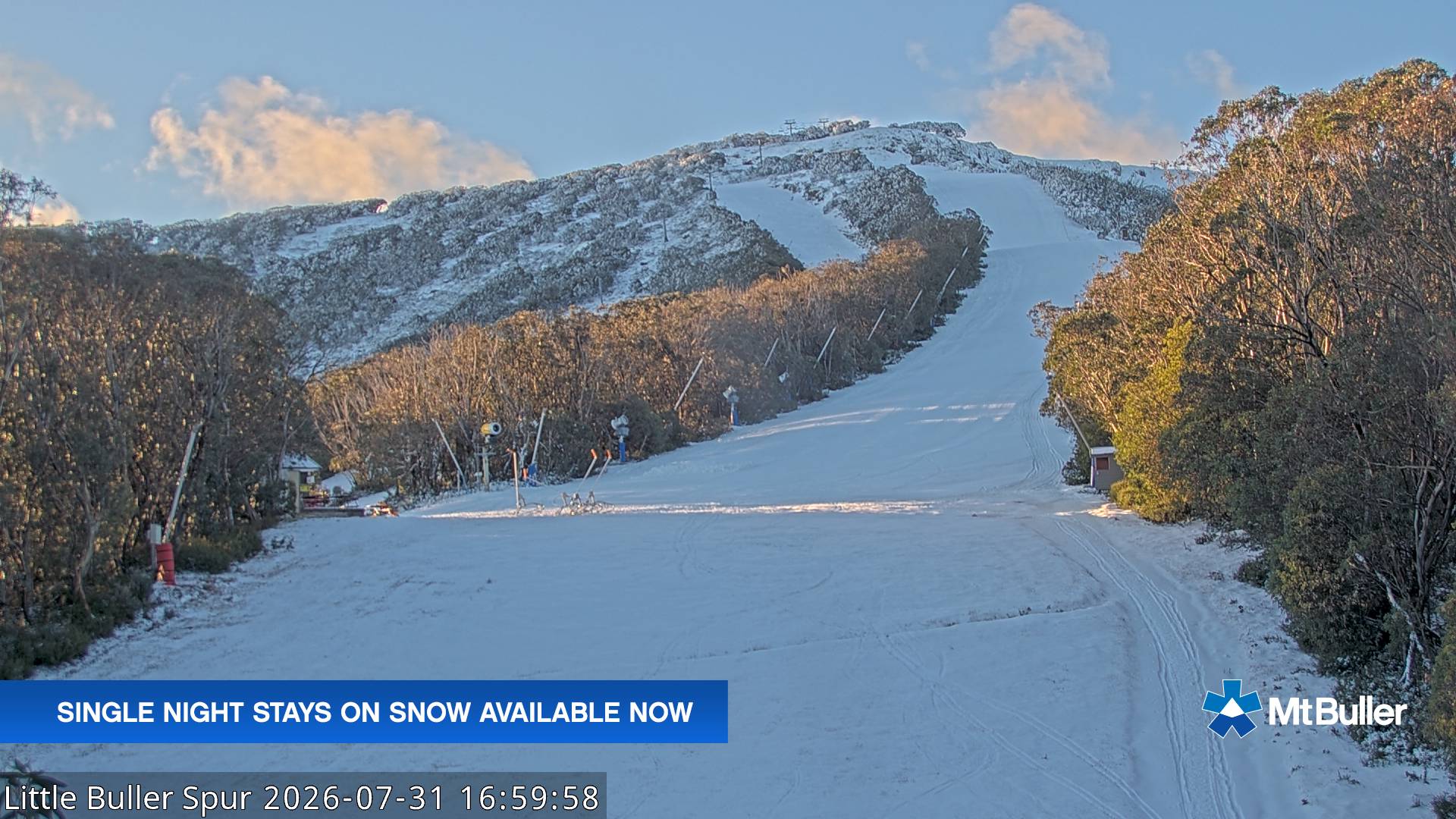Mt Buller Little Buller Spur snow cam captured at 31 July 2026 at 5:01 pm AEST