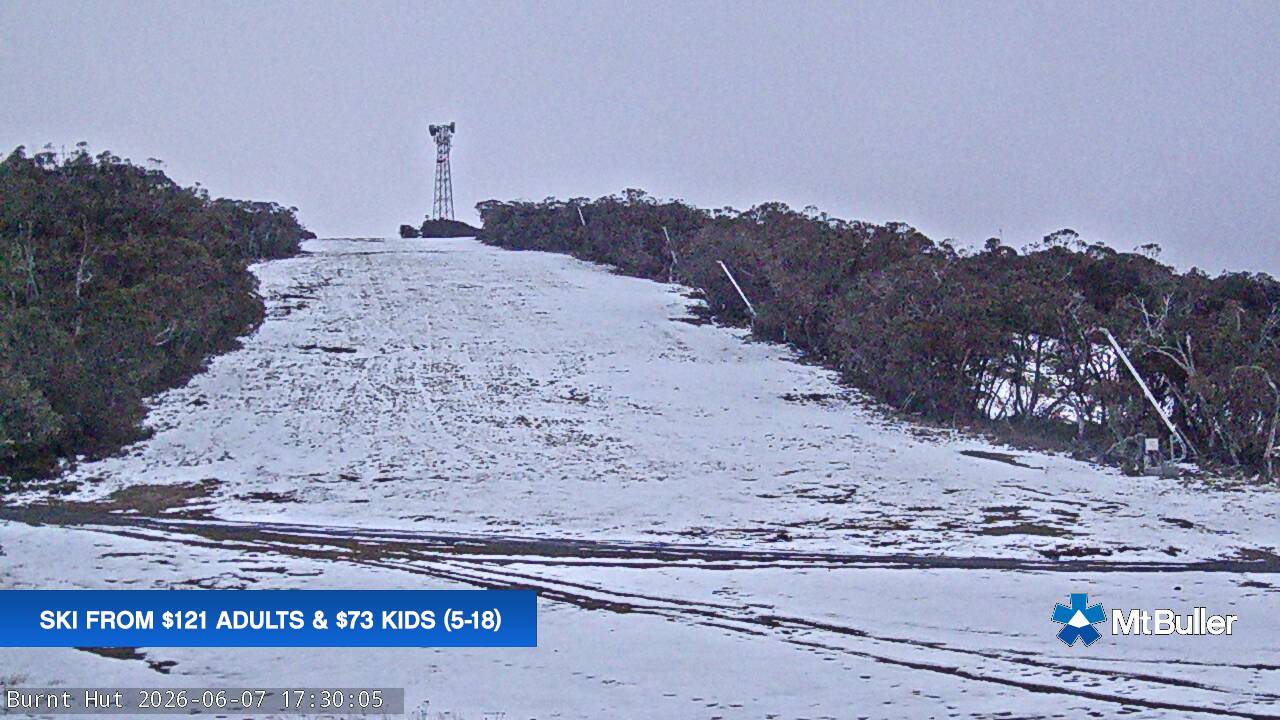 Mt Buller Burnt Hut snow cam captured at 7 June 2026, 1:05 pm