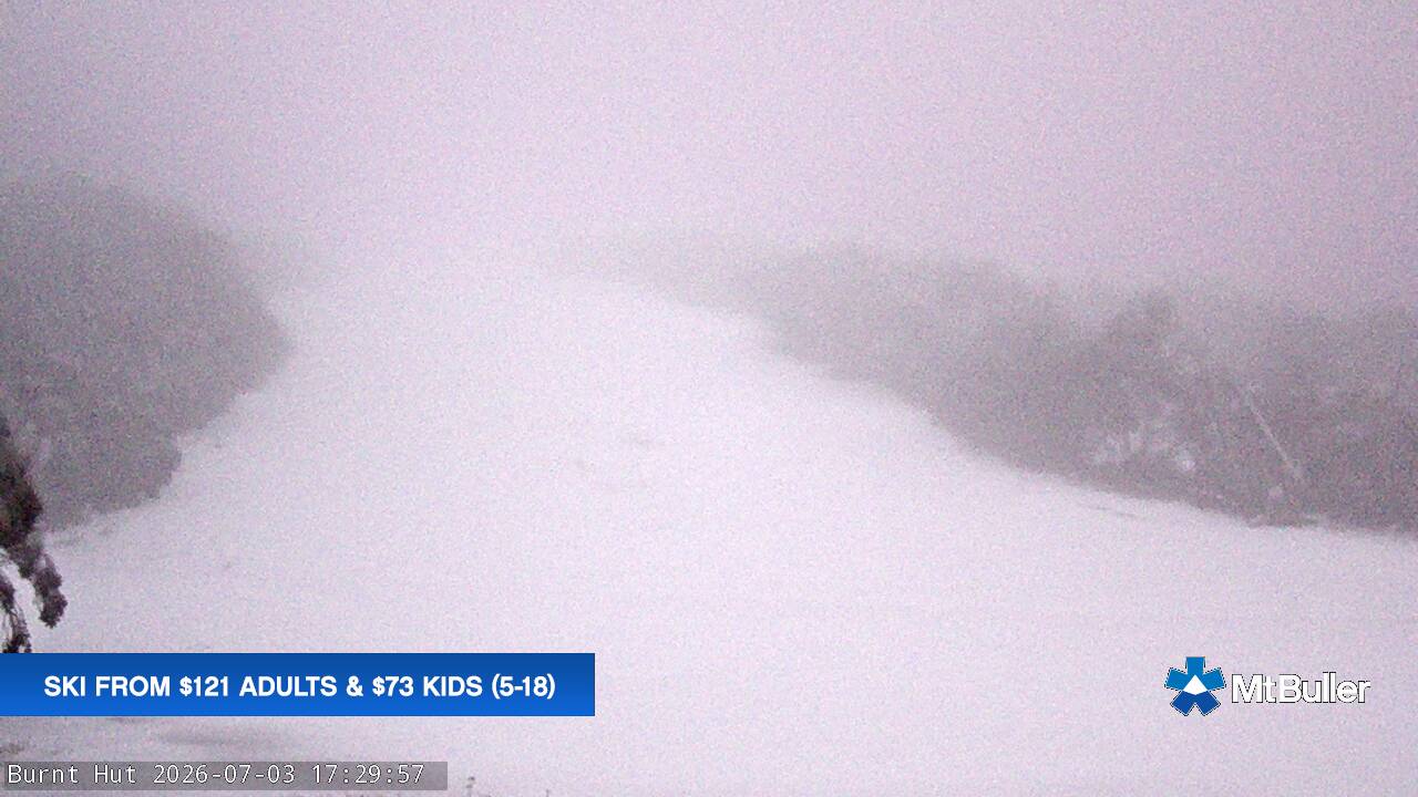 Mt Buller Burnt Hut snow cam captured at 3 July 2026 at 5:39 pm AEST