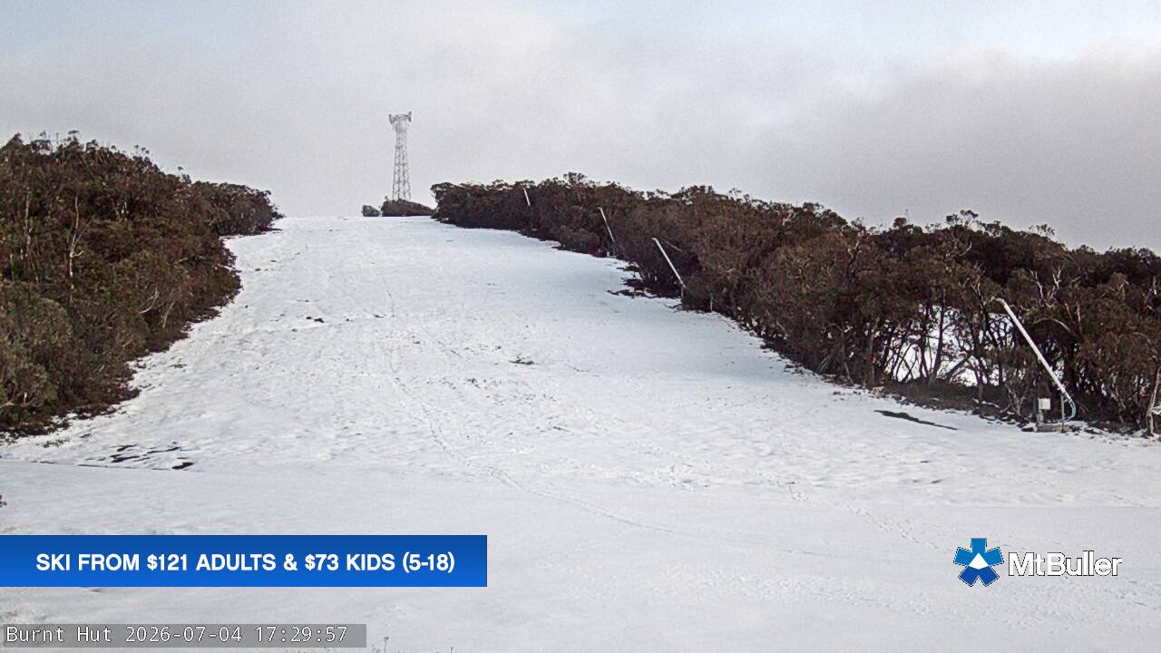 Mt Buller Burnt Hut snow cam captured at 4 July 2026 at 5:40 pm AEST