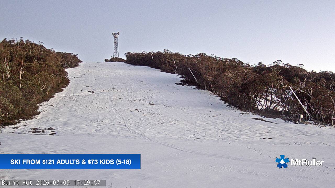 Mt Buller Burnt Hut snow cam captured at 5 July 2026 at 5:30 pm AEST