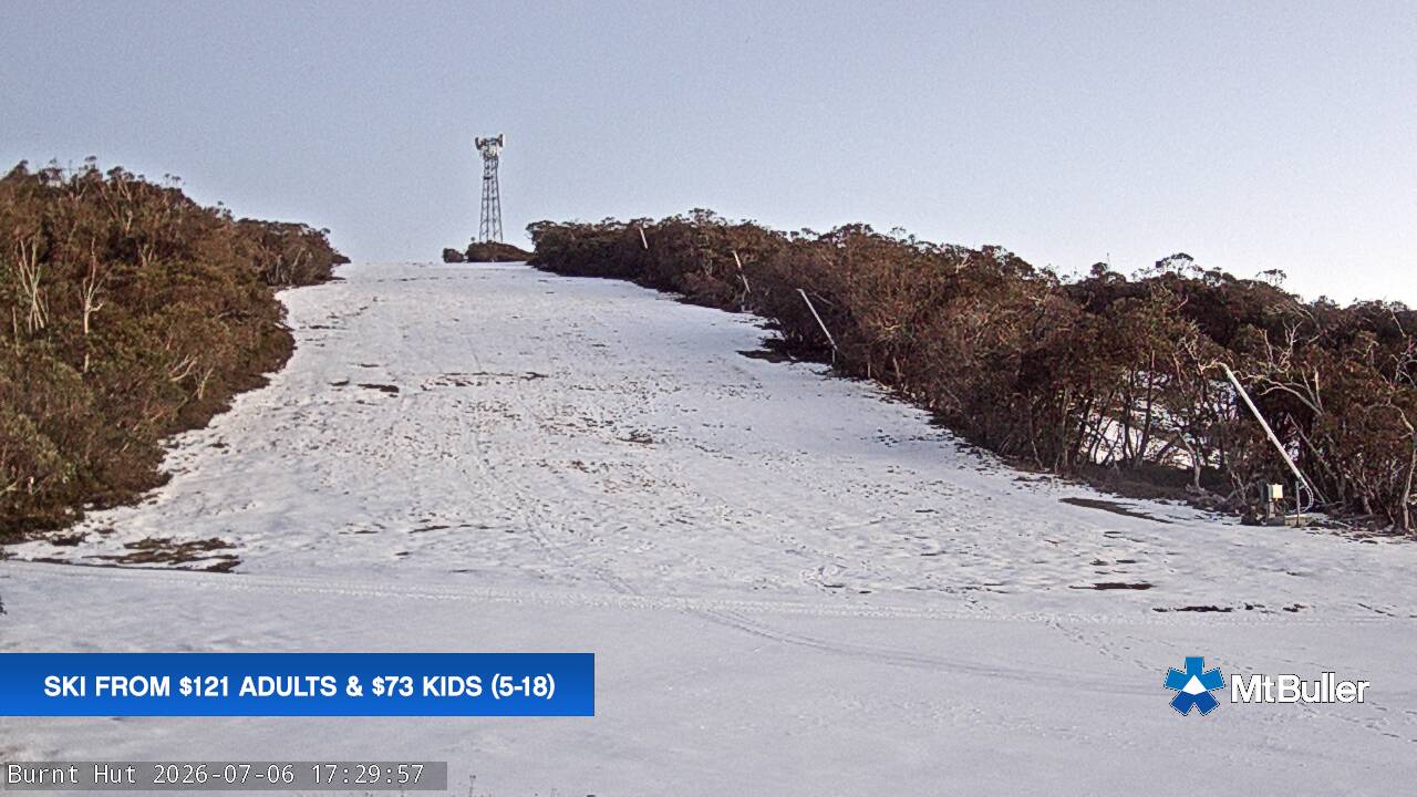 Mt Buller Burnt Hut snow cam captured at 6 July 2026 at 5:31 pm AEST