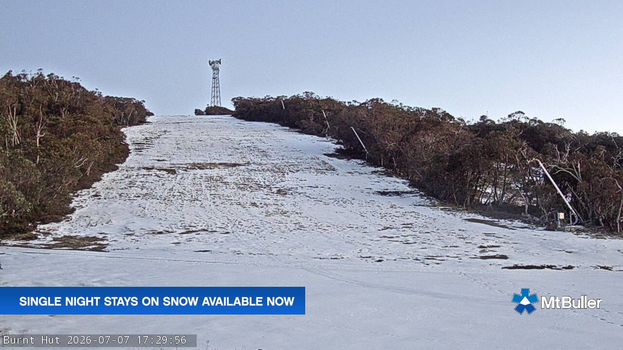 Mt Buller Burnt Hut snow cam captured at 7 July 2026 at 5:32 pm AEST