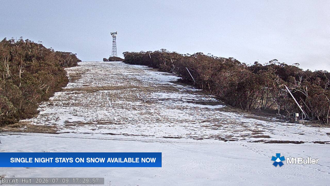 Mt Buller Burnt Hut snow cam captured at 9 July 2026 at 5:34 pm AEST