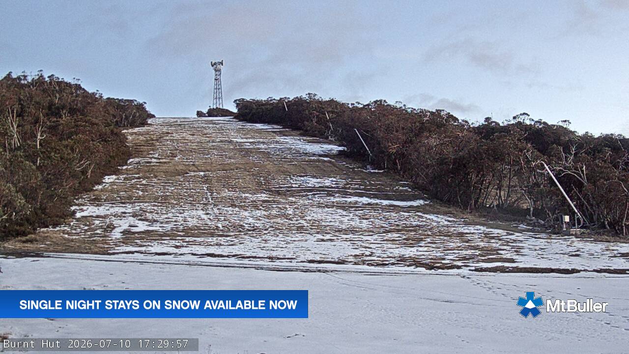 Mt Buller Burnt Hut snow cam captured at 10 July 2026 at 5:35 pm AEST