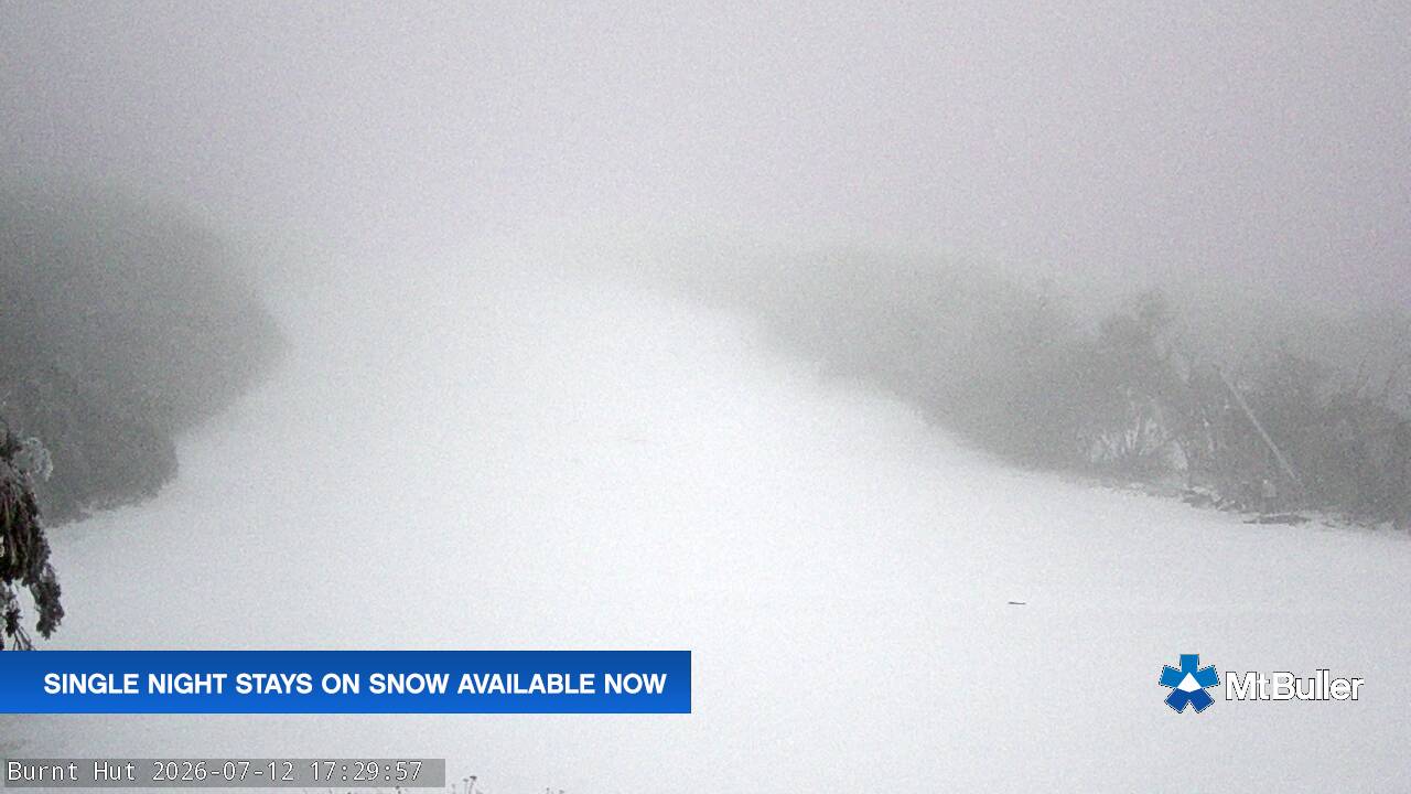 Mt Buller Burnt Hut snow cam captured at 12 July 2026 at 5:36 pm AEST