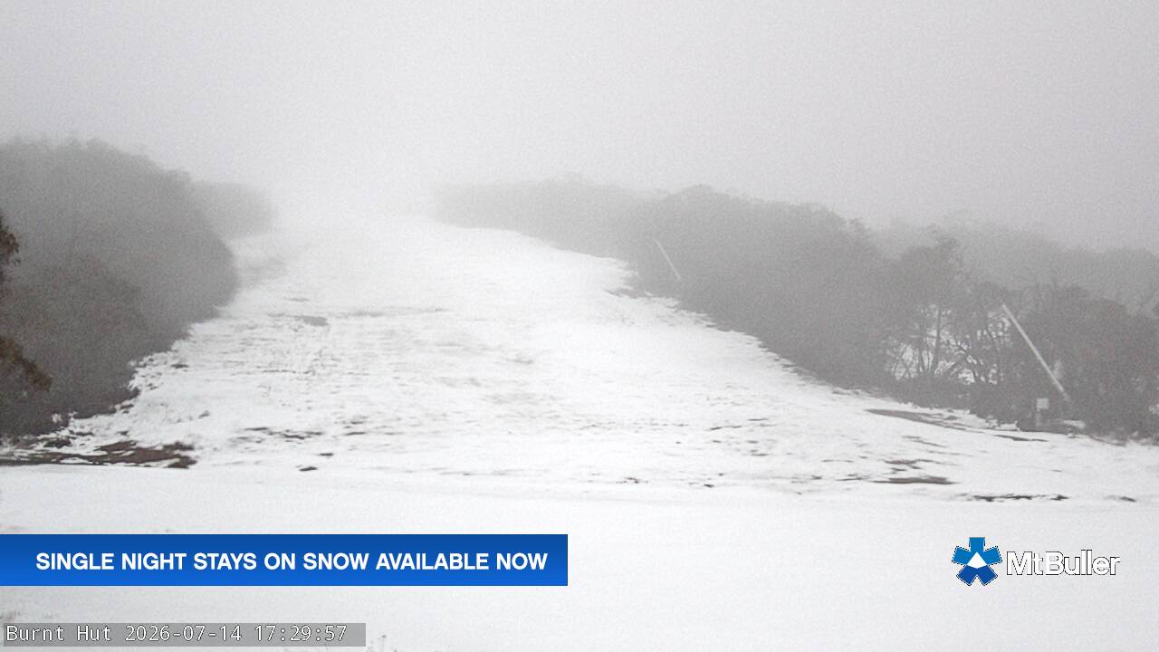 Mt Buller Burnt Hut snow cam captured at 14 July 2026 at 5:39 pm AEST