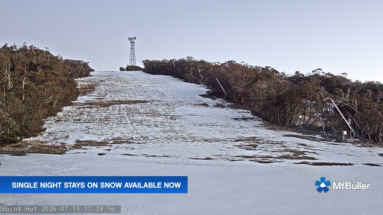 Mt Buller Burnt Hut snow cam captured at 15 July 2026 at 5:40 pm AEST