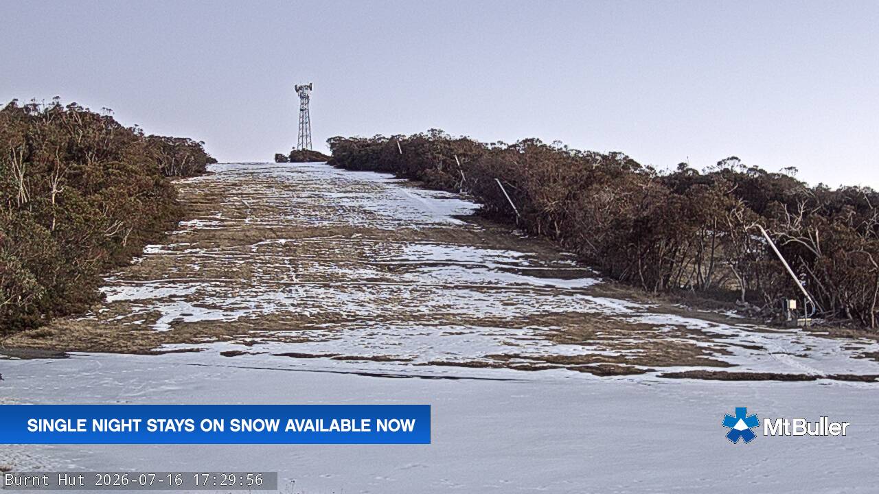 Mt Buller Burnt Hut snow cam captured at 16 July 2026 at 5:30 pm AEST