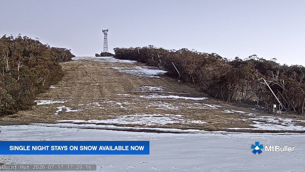 Mt Buller Burnt Hut snow cam captured at 17 July 2026 at 5:31 pm AEST