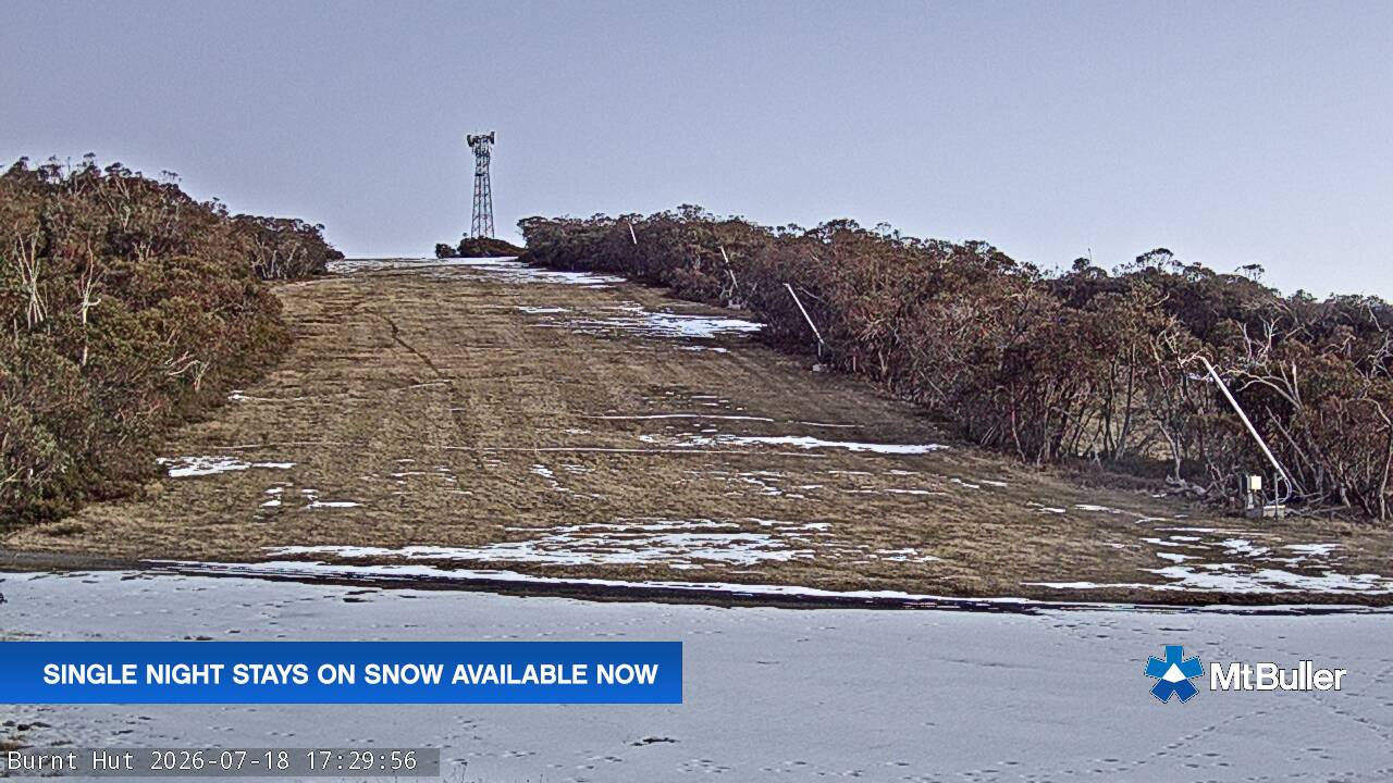 Mt Buller Burnt Hut snow cam captured at 18 July 2026 at 5:32 pm AEST