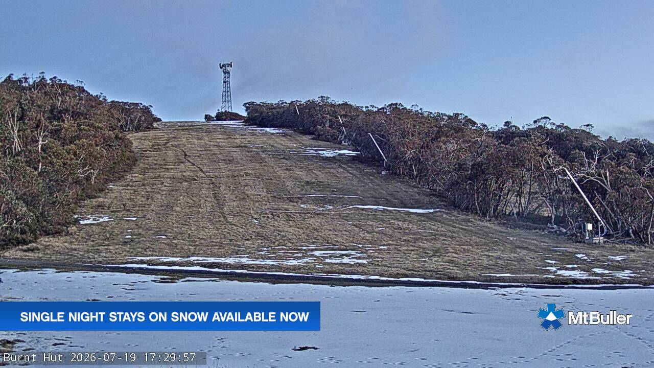 Mt Buller Burnt Hut snow cam captured at 19 July 2026 at 5:33 pm AEST