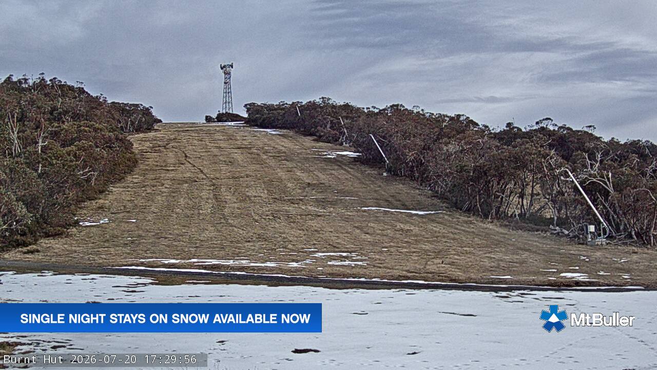 Mt Buller Burnt Hut snow cam captured at 20 July 2026 at 5:34 pm AEST
