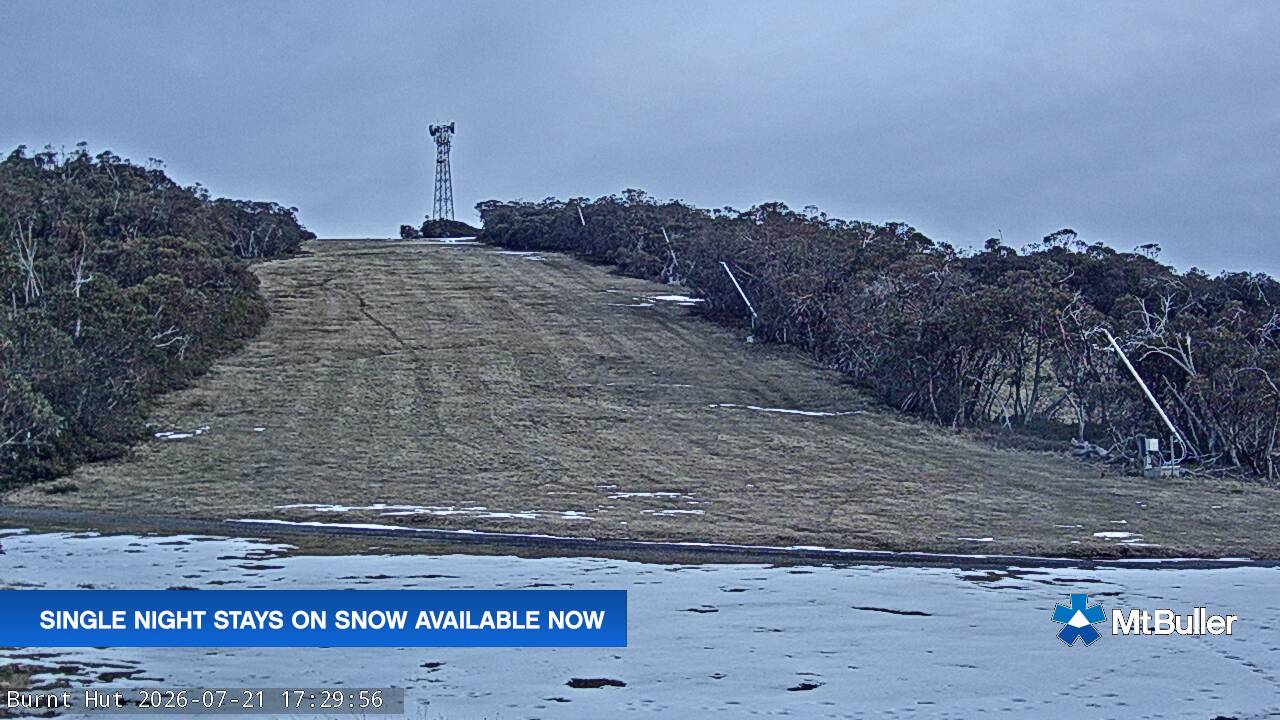 Mt Buller Burnt Hut snow cam captured at 21 July 2026 at 5:35 pm AEST