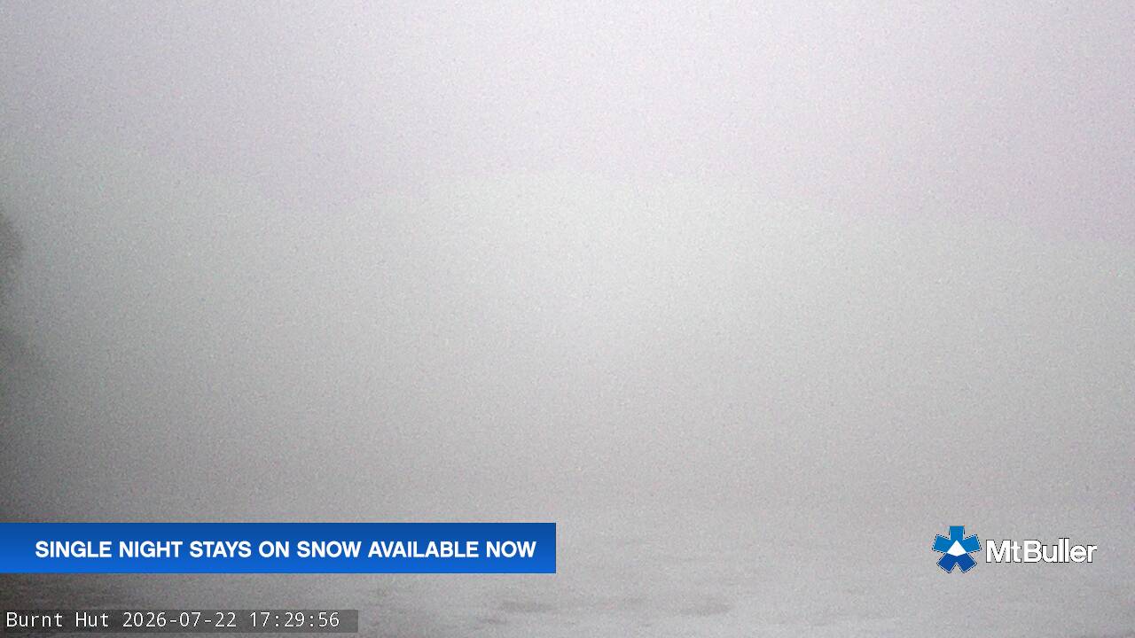 Mt Buller Burnt Hut snow cam captured at 22 July 2026 at 5:36 pm AEST