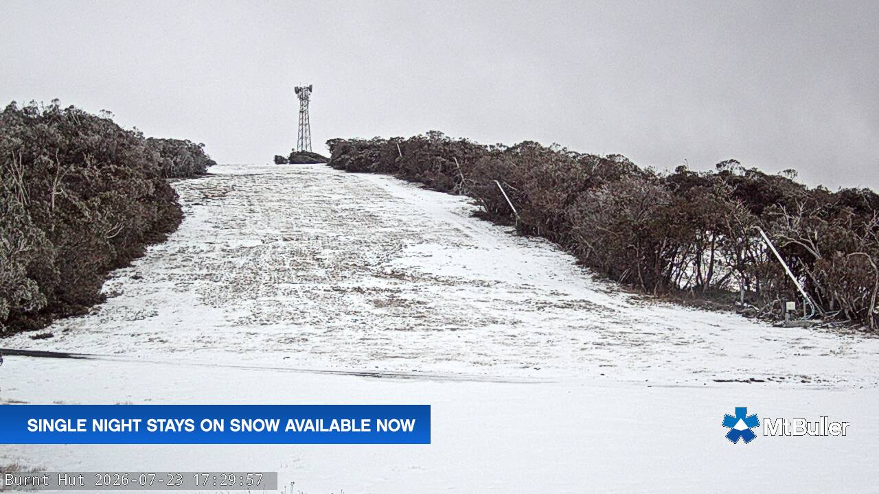Mt Buller Burnt Hut snow cam captured at 23 July 2026 at 5:37 pm AEST