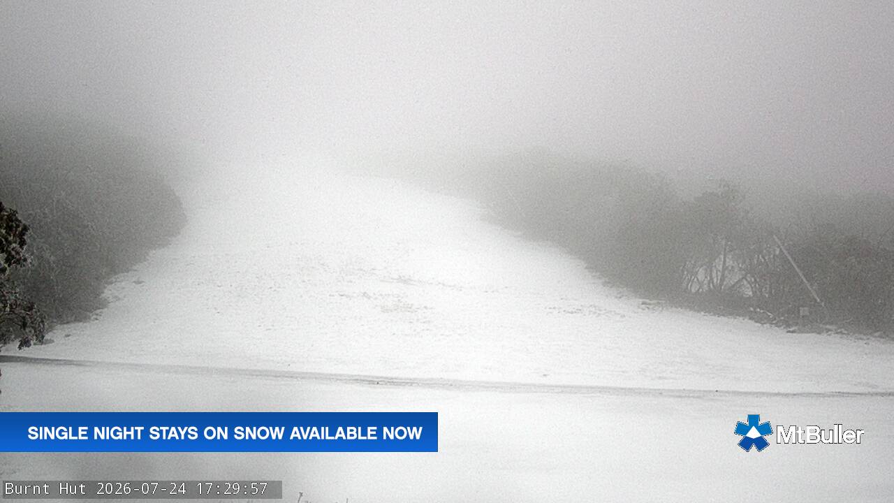 Mt Buller Burnt Hut snow cam captured at 24 July 2026 at 5:39 pm AEST
