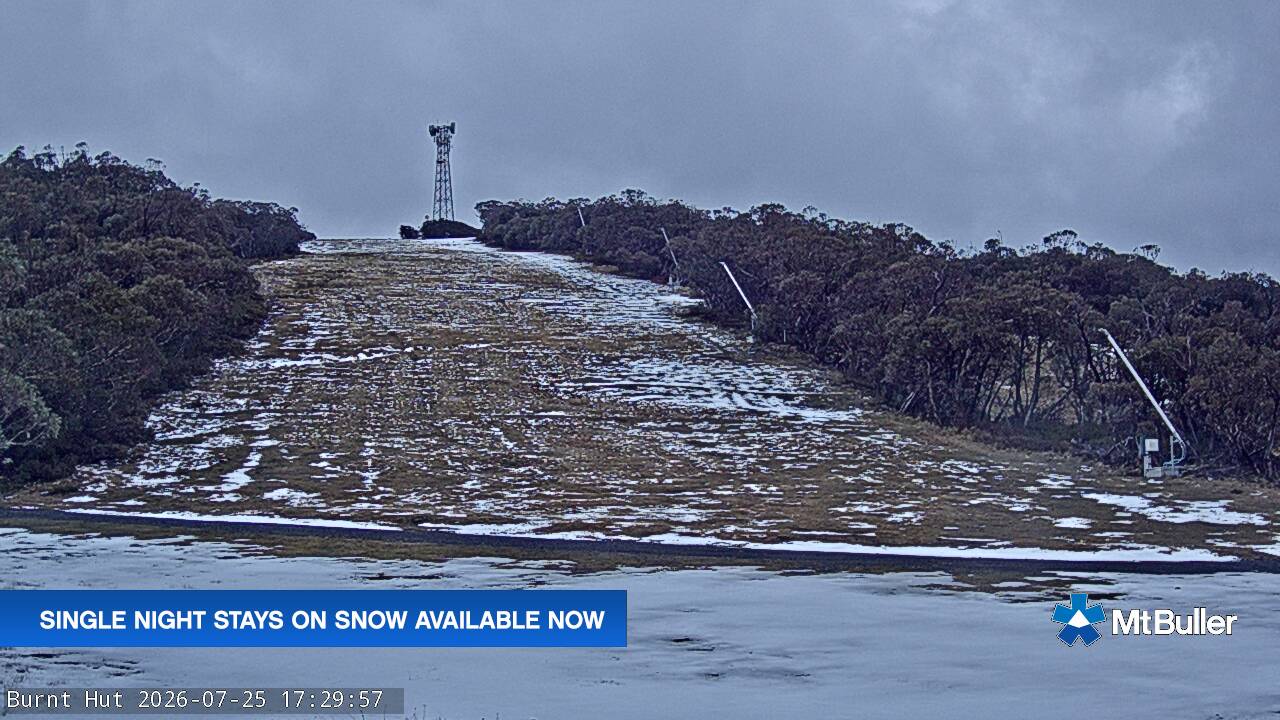 Mt Buller Burnt Hut snow cam captured at 25 July 2026 at 5:40 pm AEST