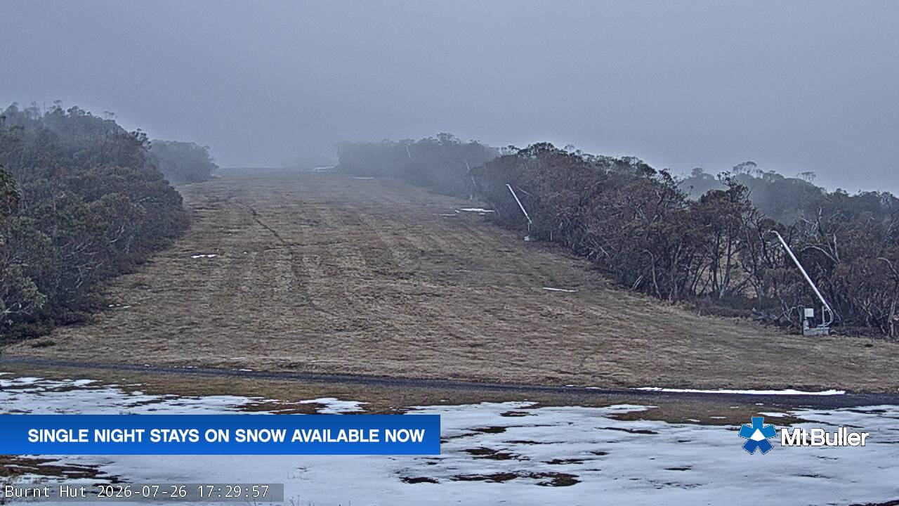 Mt Buller Burnt Hut snow cam captured at 26 July 2026 at 5:30 pm AEST