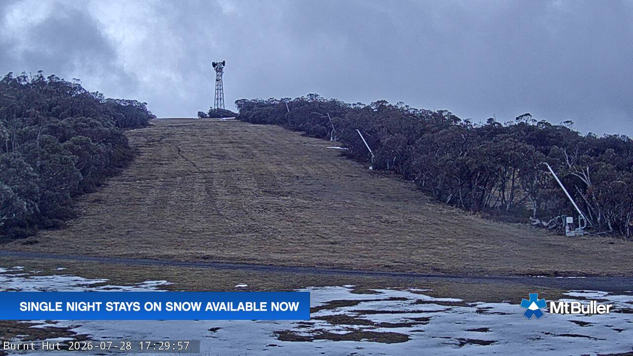 Mt Buller Burnt Hut snow cam captured at 28 July 2026 at 5:32 pm AEST