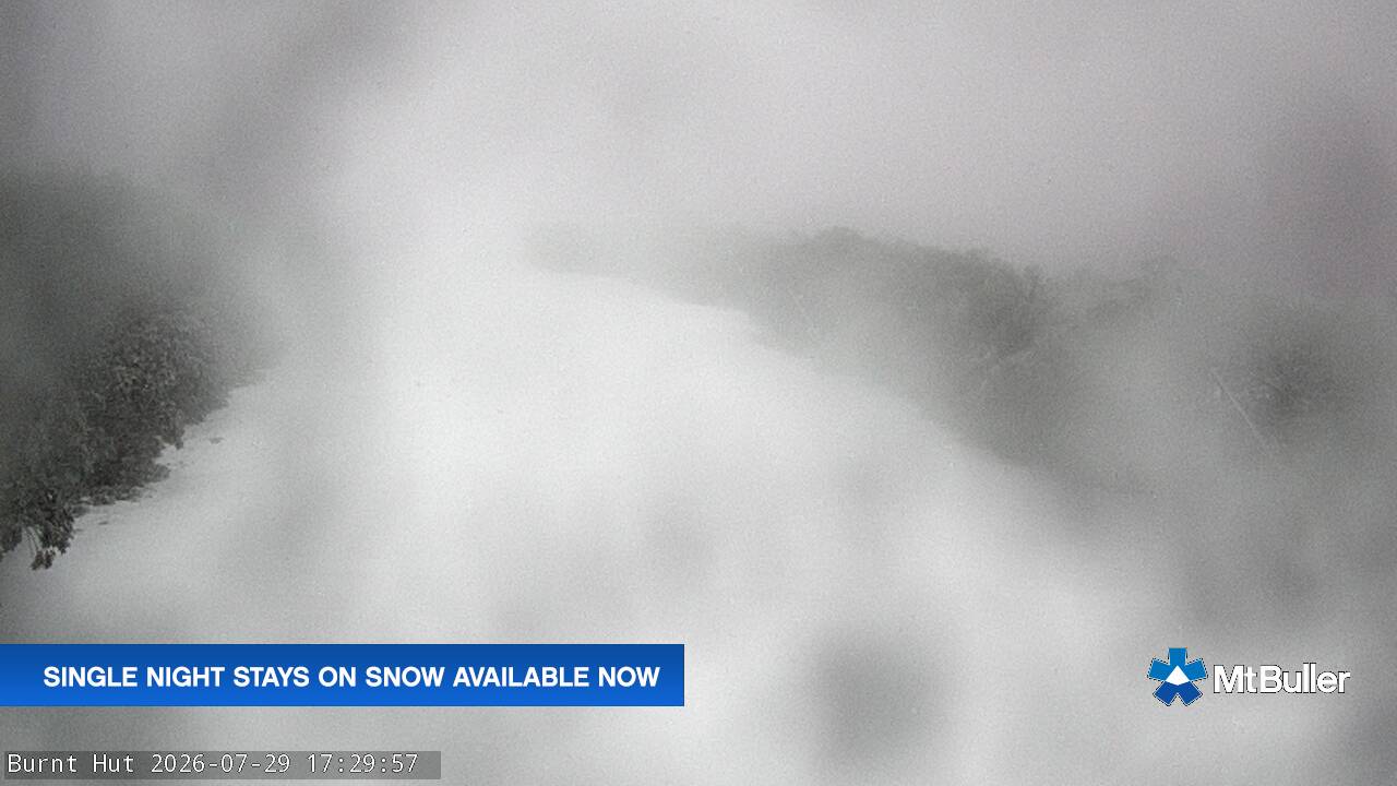 Mt Buller Burnt Hut snow cam captured at 29 July 2026 at 5:33 pm AEST