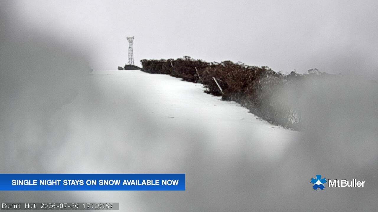 Mt Buller Burnt Hut snow cam captured at 30 July 2026 at 5:33 pm AEST