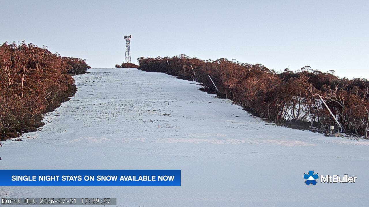 Mt Buller Burnt Hut snow cam captured at 31 July 2026 at 5:34 pm AEST