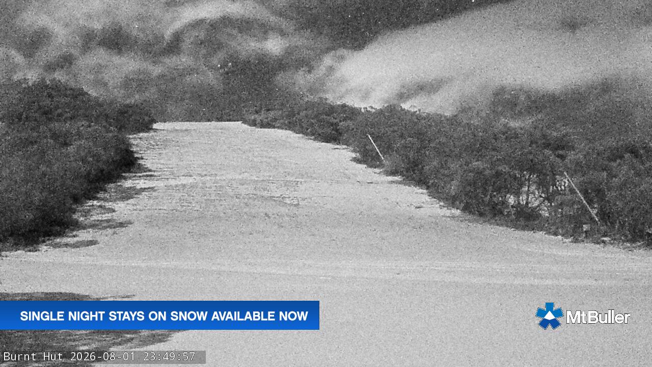 Mt Buller Burnt Hut snow cam captured at 1 August 2026 at 11:53 pm AEST