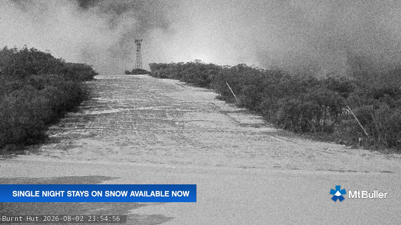 Mt Buller Burnt Hut snow cam captured at 2 August 2026 at 11:58 pm AEST