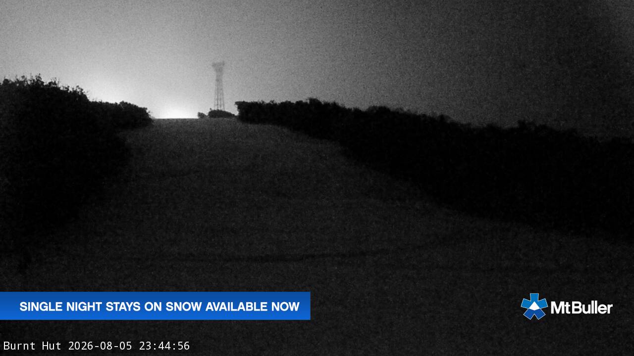 Mt Buller Burnt Hut snow cam captured at 5 August 2026 at 11:49 pm AEST