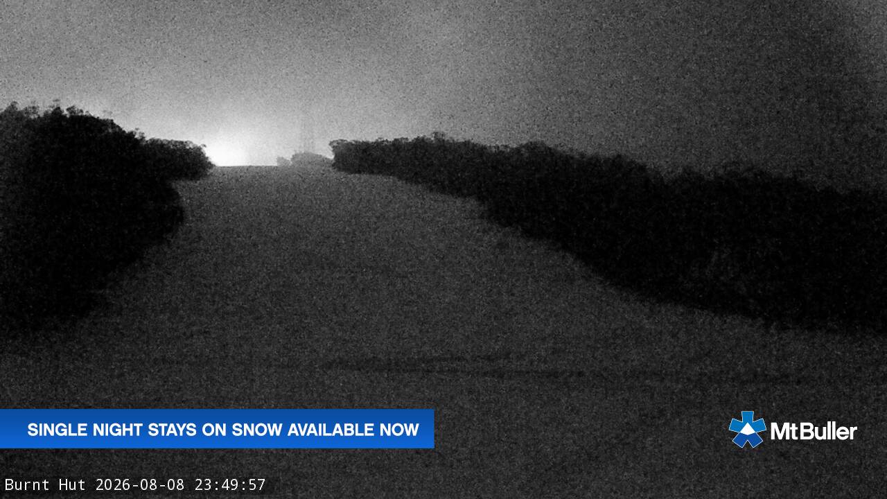 Mt Buller Burnt Hut snow cam captured at 8 August 2026 at 11:52 pm AEST