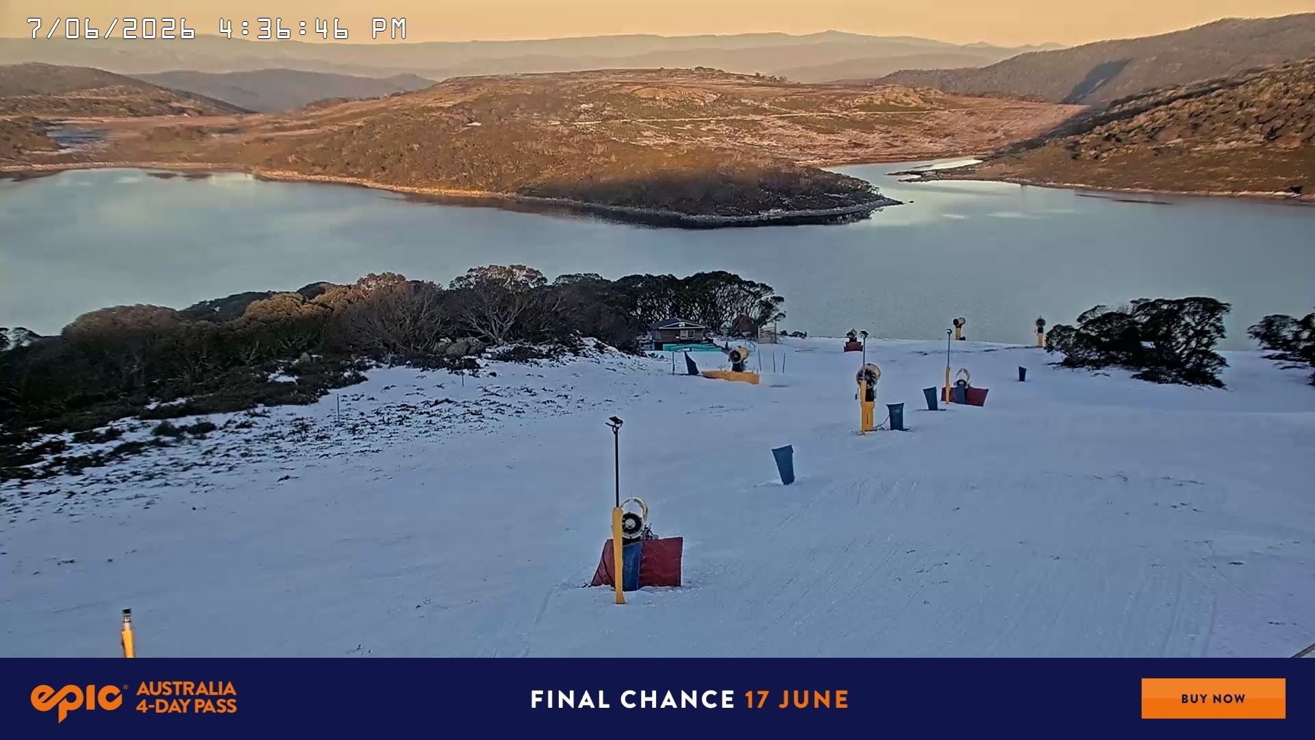 Falls Creek Drovers Dream Lake View snow cam captured at 7 June 2026, 6:45 am