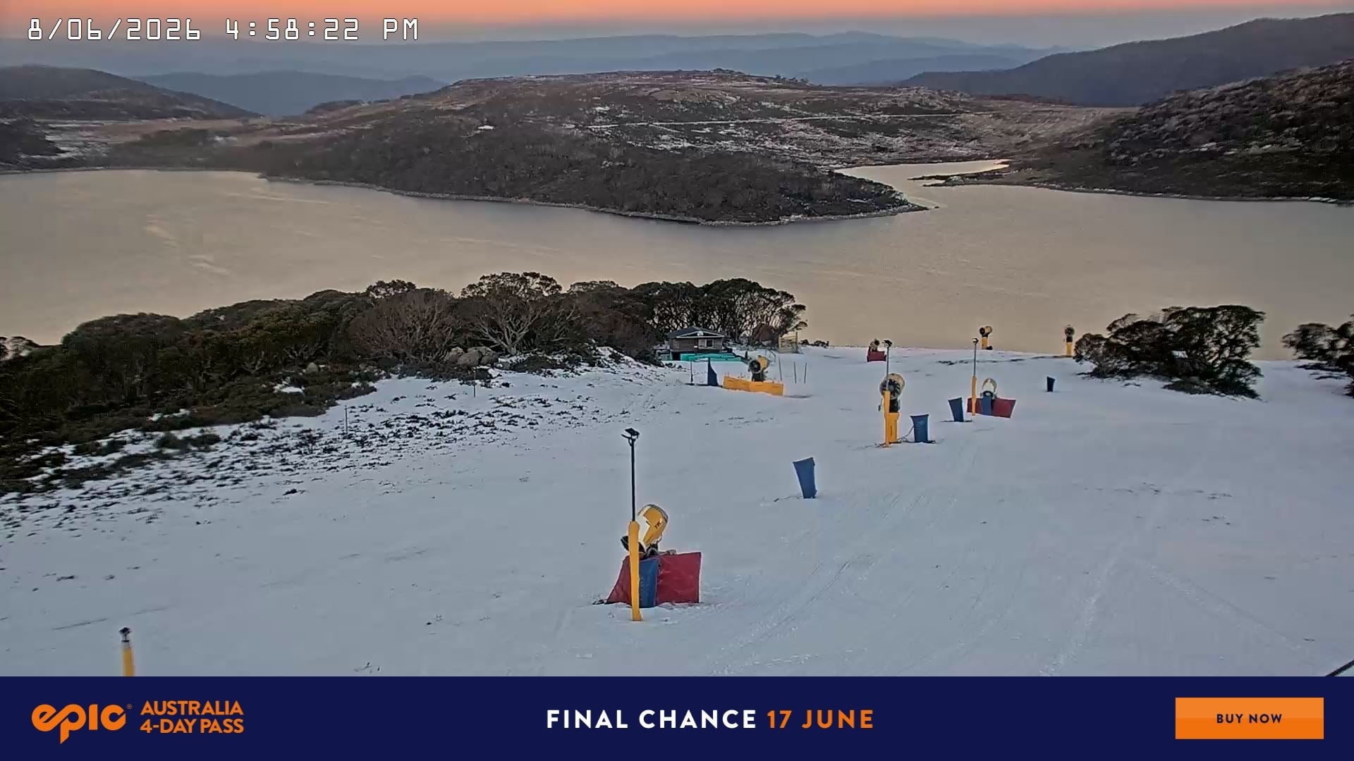 Falls Creek Drovers Dream Lake View snow cam captured at 8 June 2026, 7:04 am