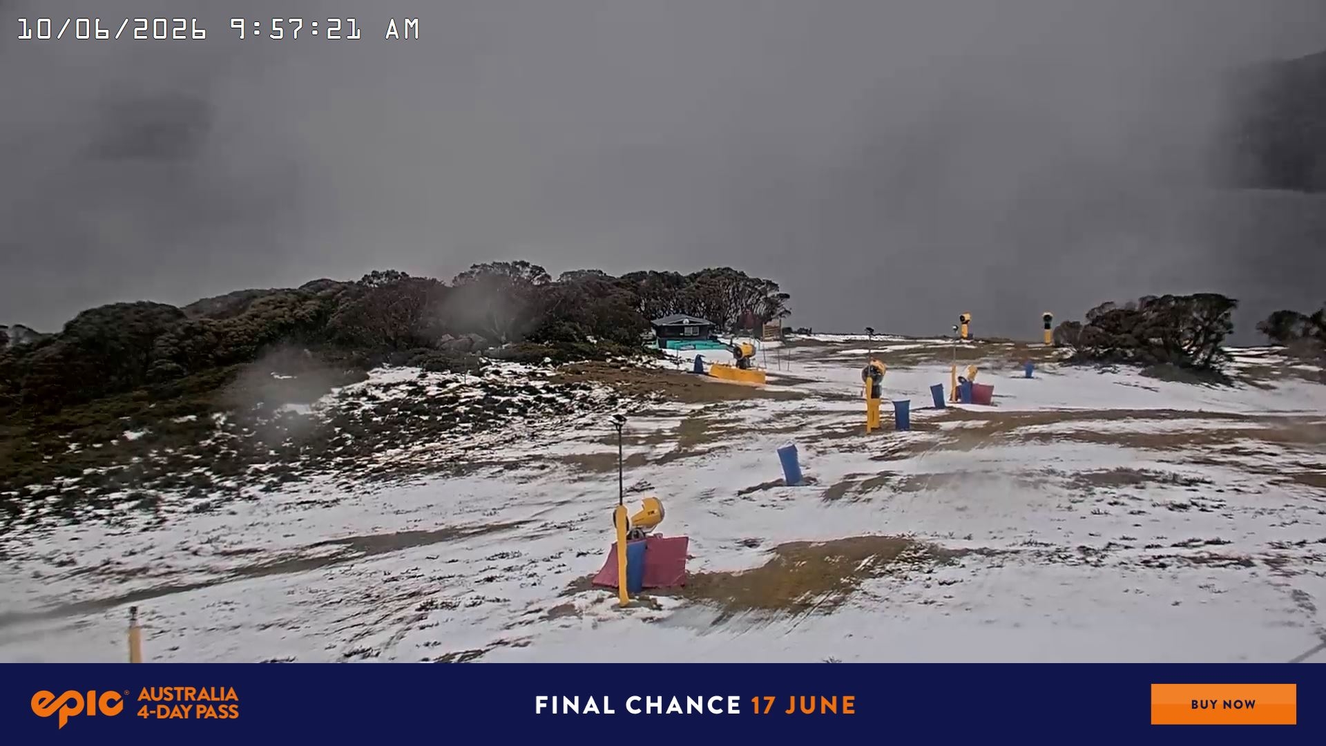 Falls Creek Drovers Dream Lake View snow cam captured at 10 June 2026, 12:04 am