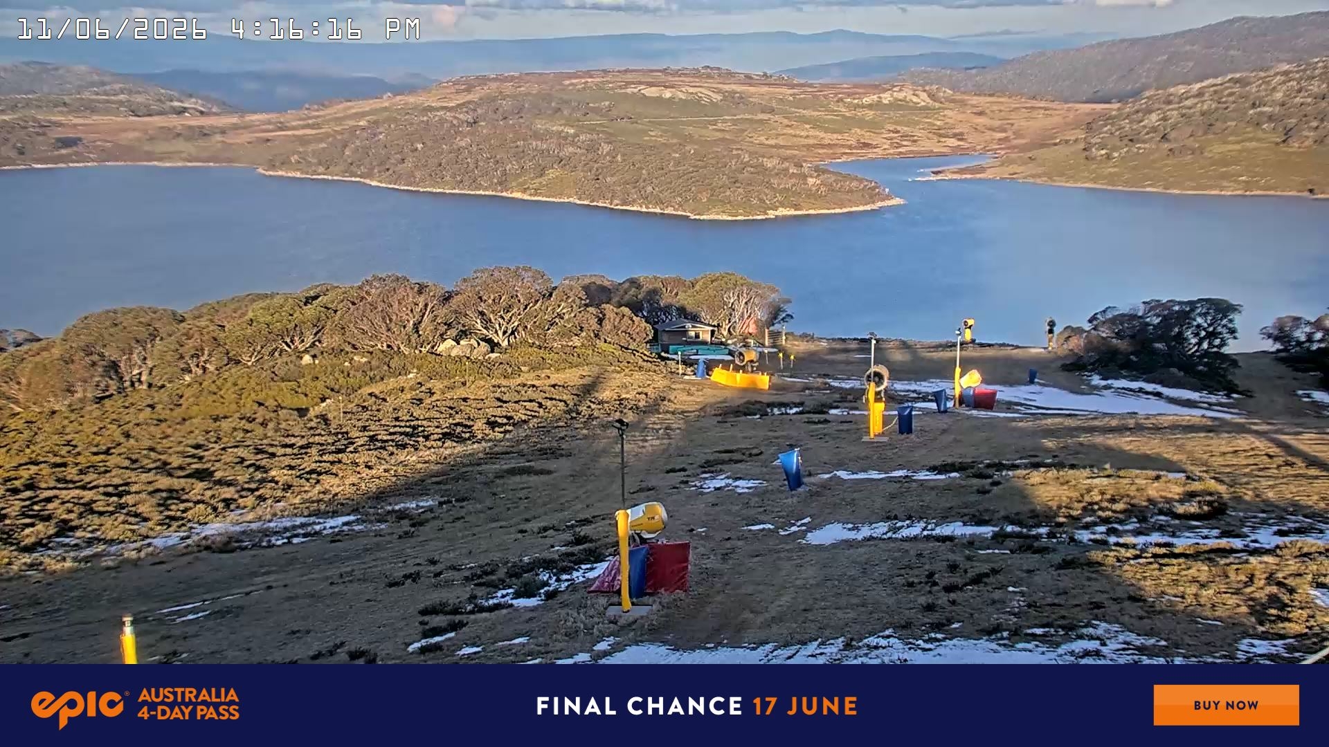 Falls Creek Drovers Dream Lake View snow cam captured at 11 June 2026, 6:20 am
