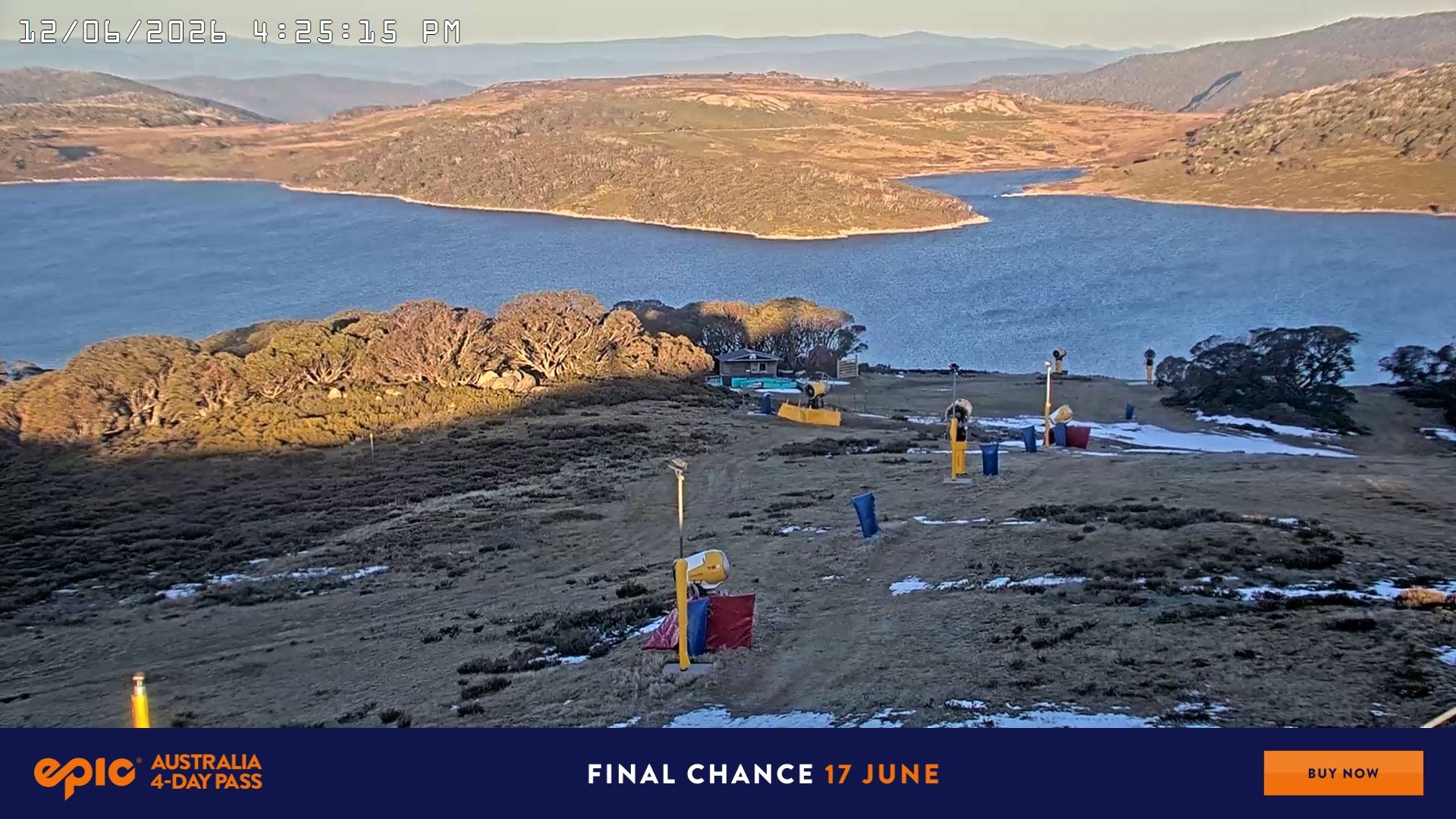 Falls Creek Drovers Dream Lake View snow cam captured at 12 June 2026, 6:32 am
