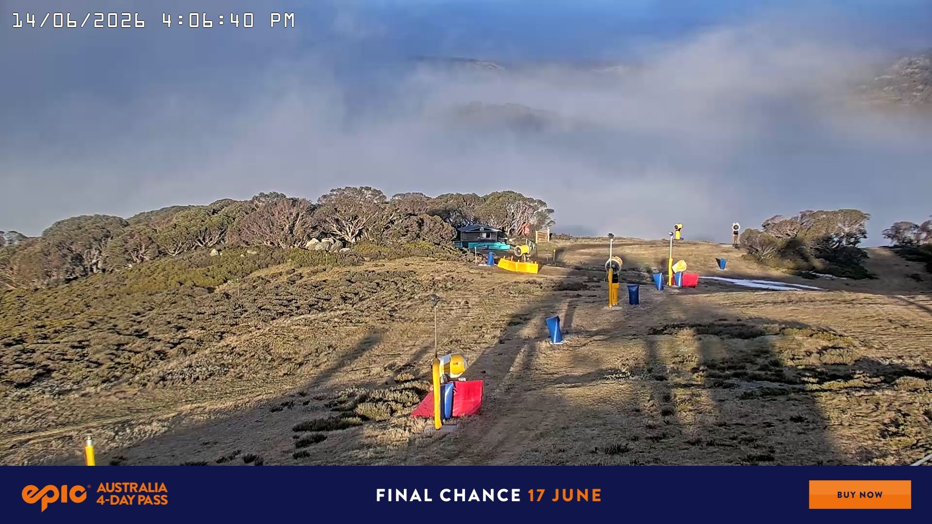 Falls Creek Drovers Dream Lake View snow cam captured at 14 June 2026, 6:15 am