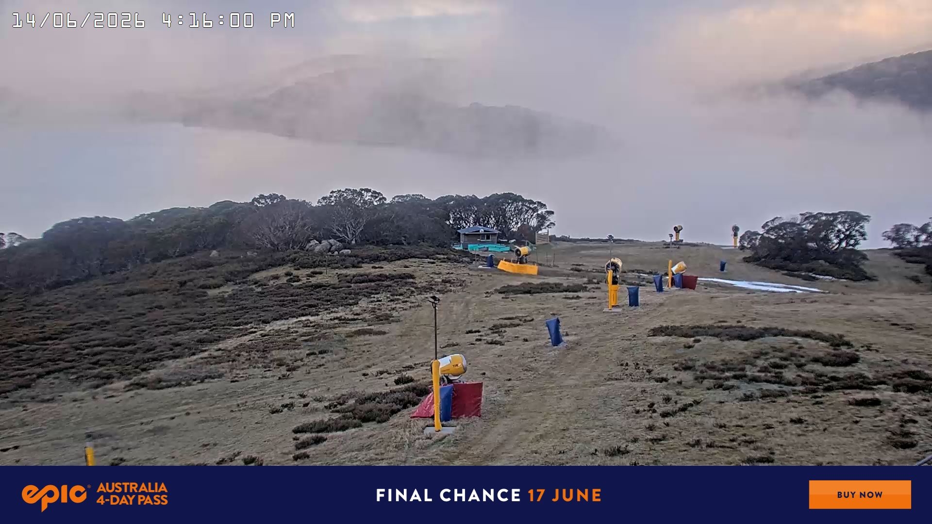Falls Creek Drovers Dream Lake View snow cam captured at 14 June 2026, 6:21 am