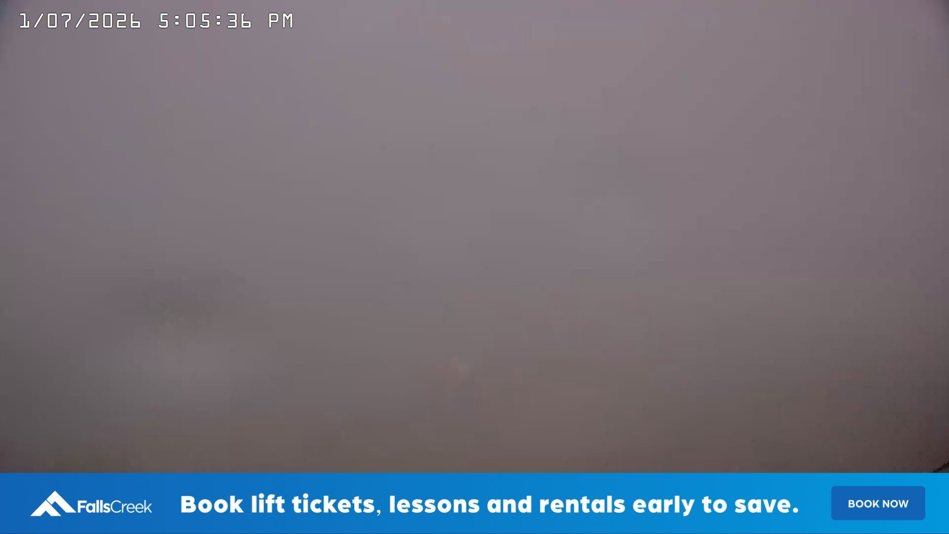Falls Creek Drover's Dream Lake View snow cam captured at 1 July 2026 at 5:10 pm AEST
