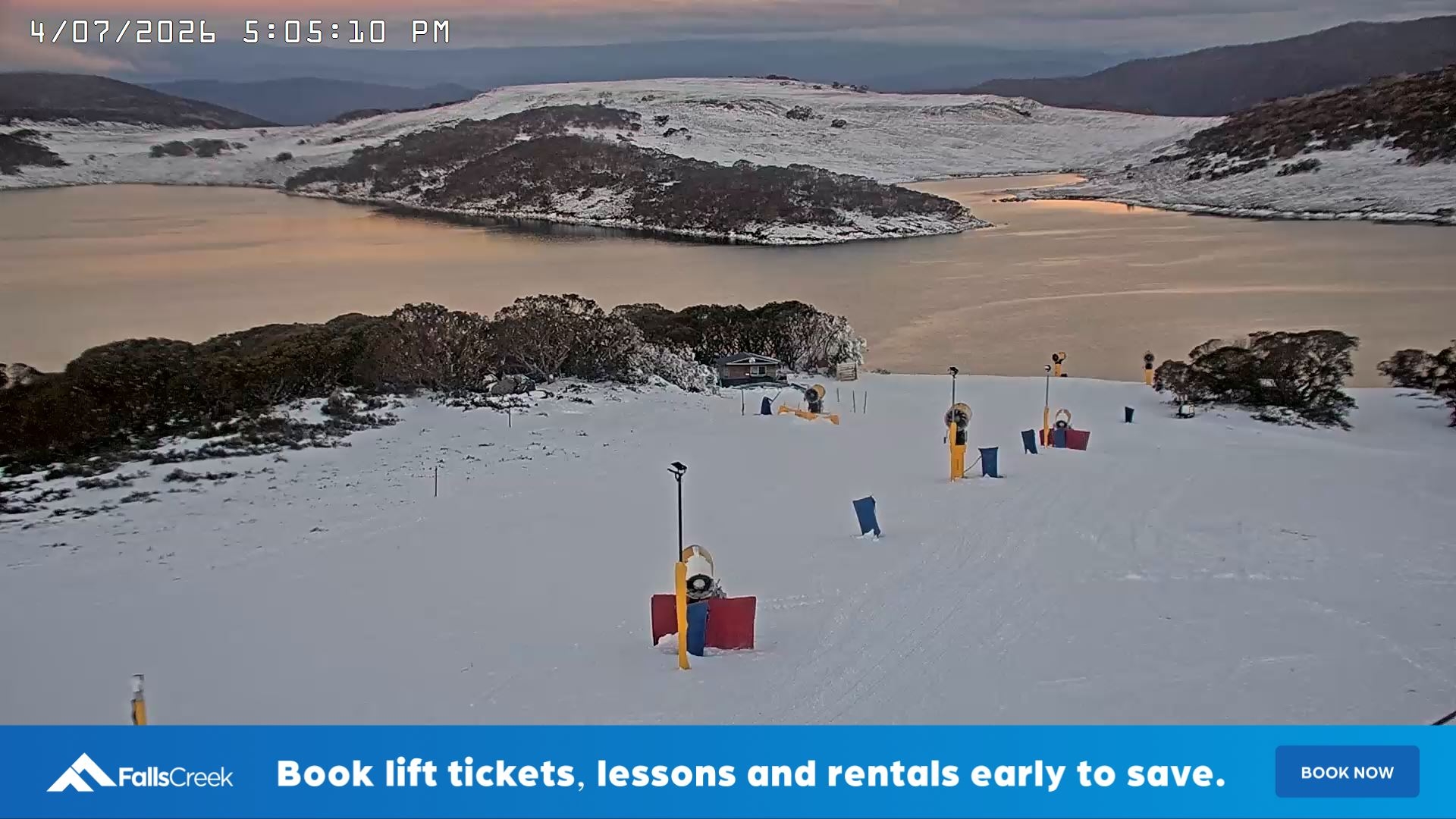 Falls Creek Drover's Dream Lake View snow cam captured at 4 July 2026 at 5:18 pm AEST