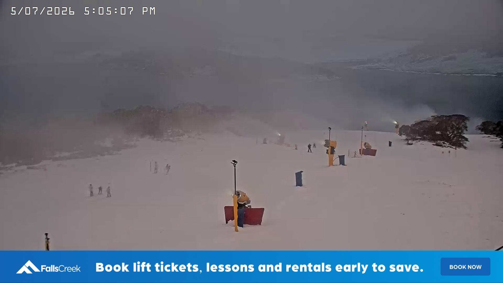 Falls Creek Drover's Dream Lake View snow cam captured at 5 July 2026 at 5:19 pm AEST