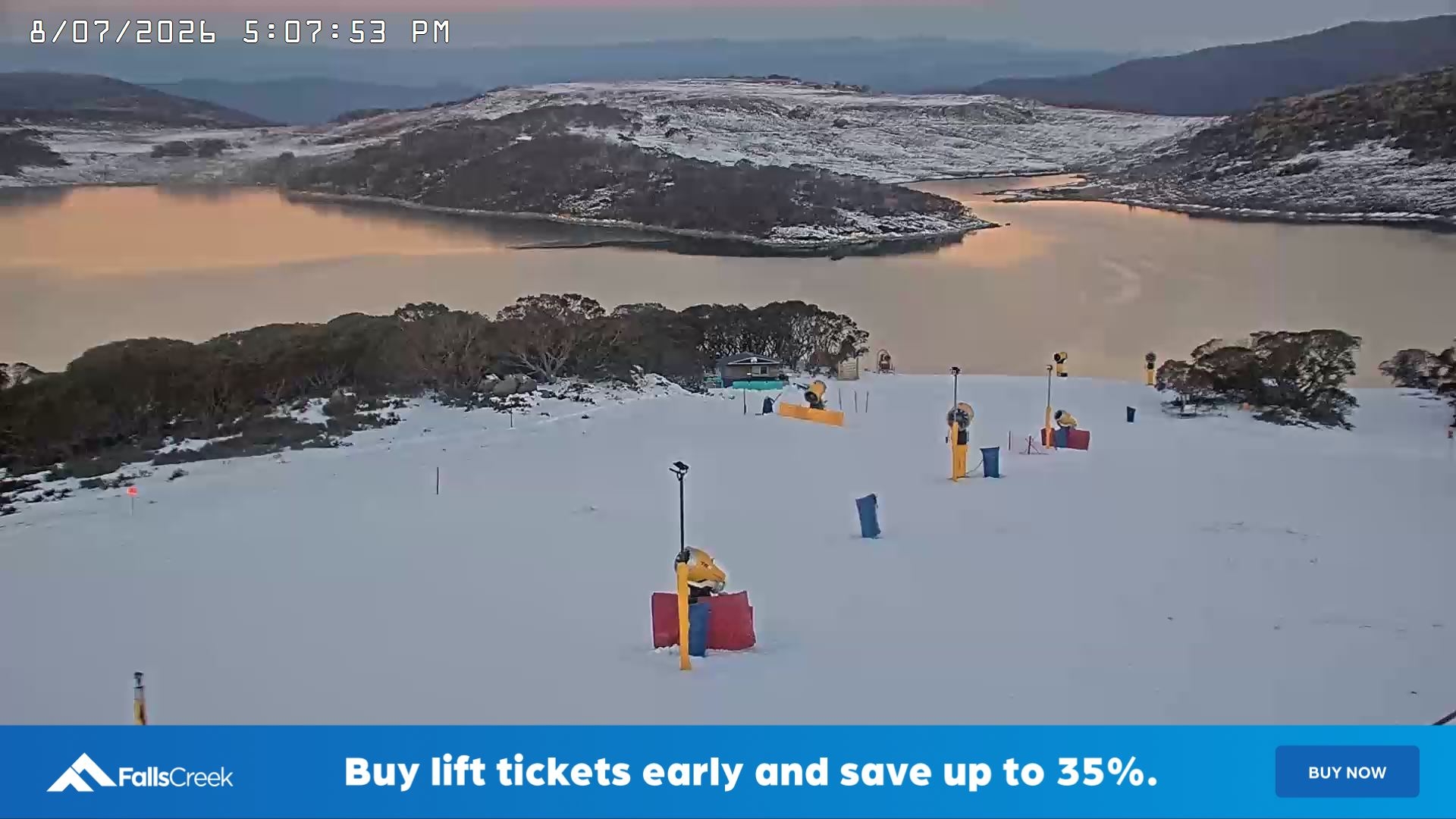 Falls Creek Drover's Dream Lake View snow cam captured at 8 July 2026 at 5:12 pm AEST