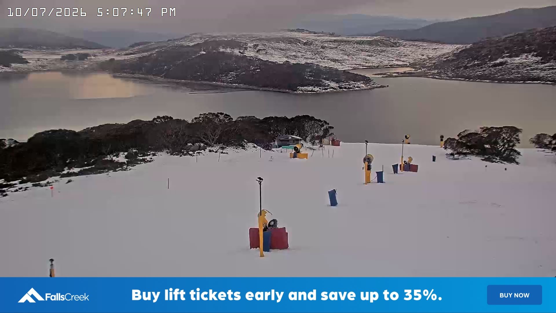 Falls Creek Drover's Dream Lake View snow cam captured at 10 July 2026 at 5:14 pm AEST