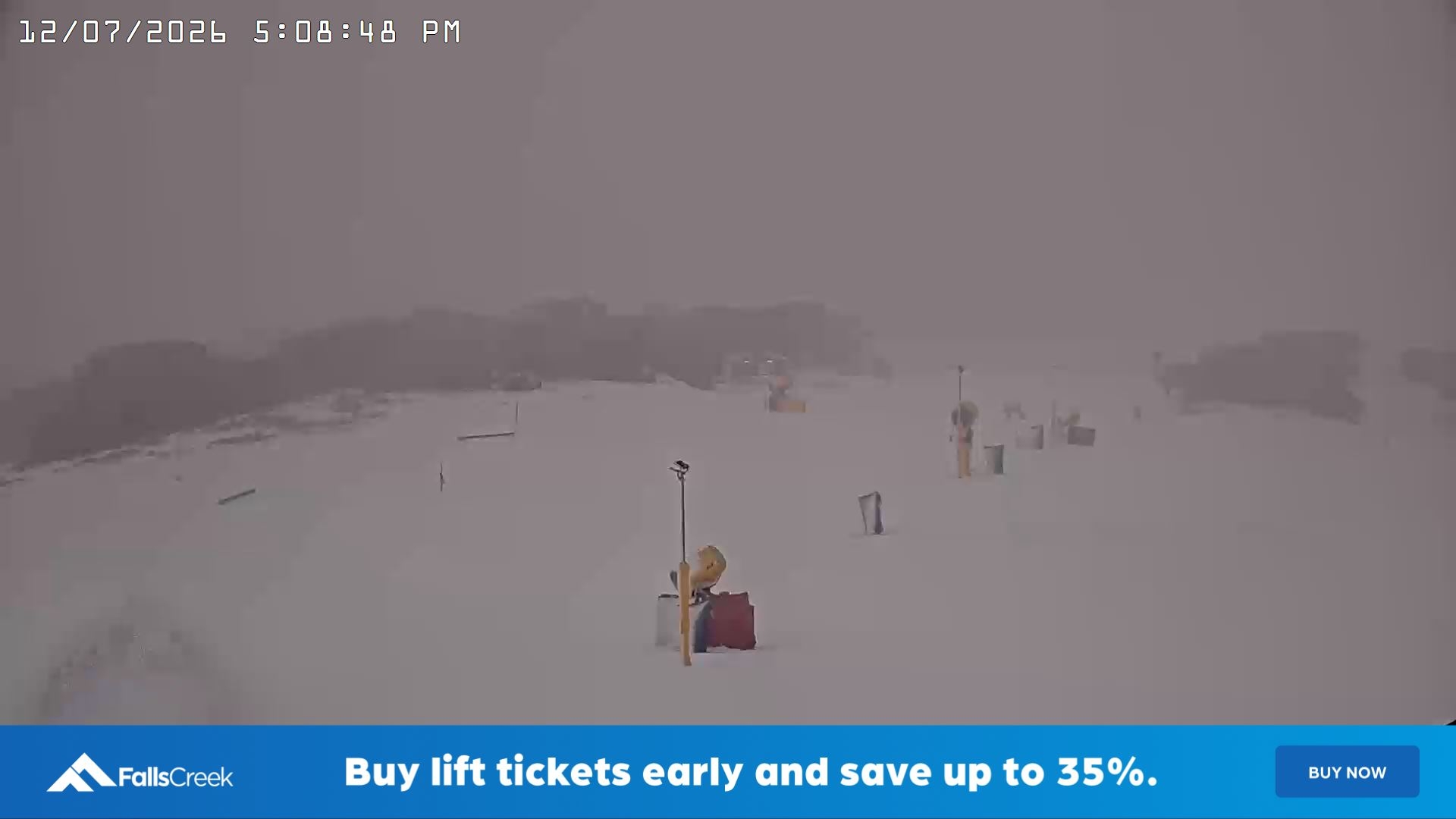 Falls Creek Drover's Dream Lake View snow cam captured at 12 July 2026 at 5:15 pm AEST