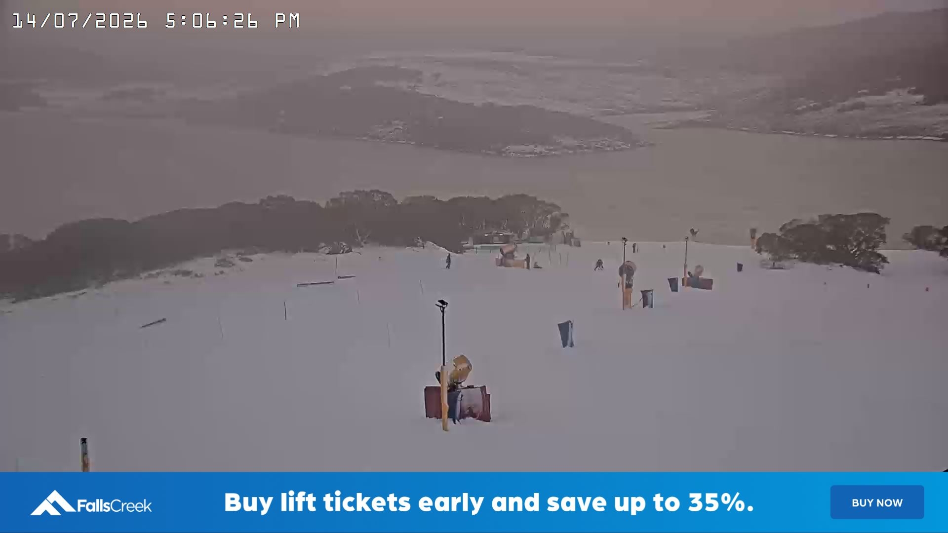 Falls Creek Drover's Dream Lake View snow cam captured at 14 July 2026 at 5:17 pm AEST
