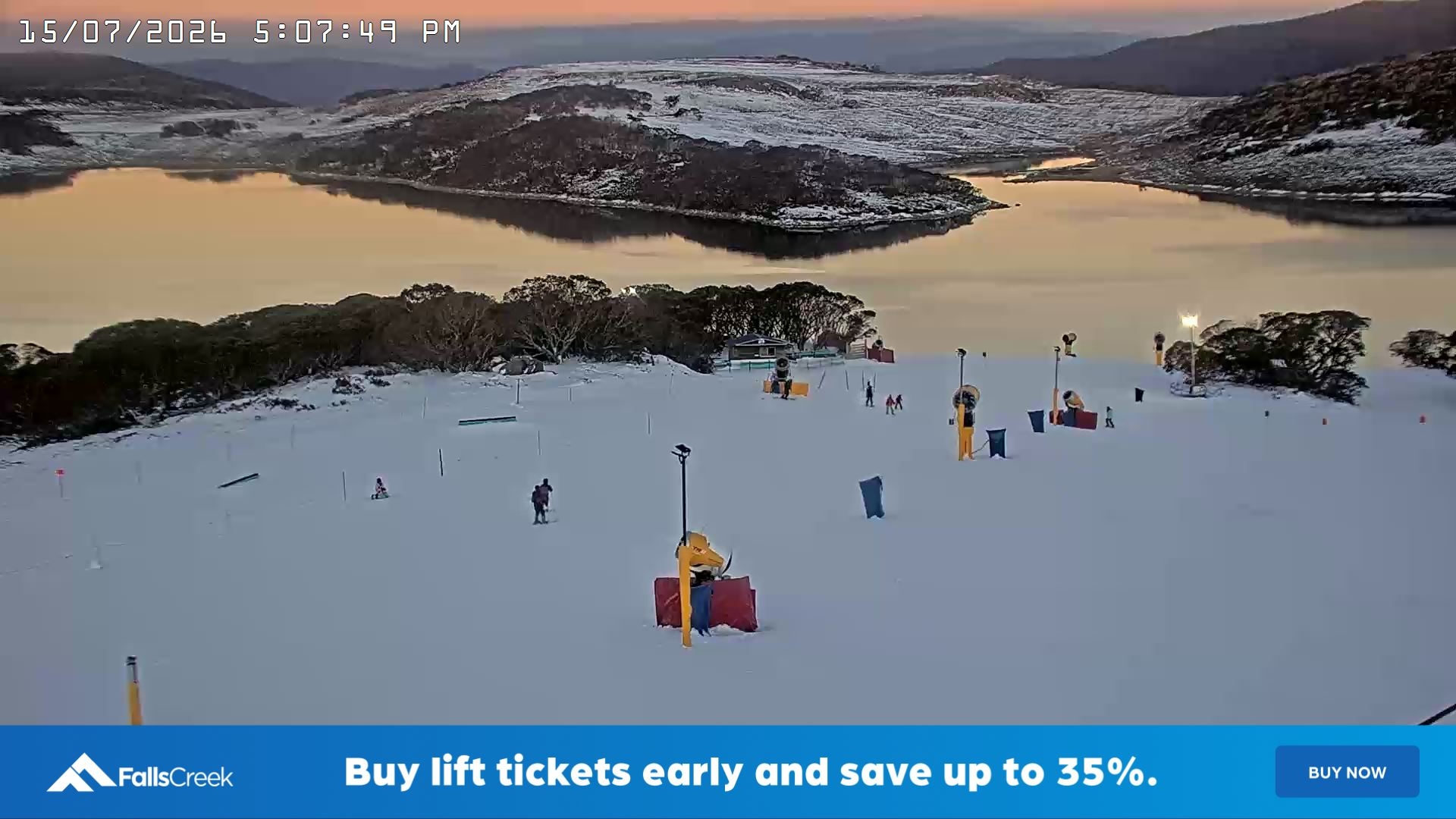 Falls Creek Drover's Dream Lake View snow cam captured at 15 July 2026 at 5:18 pm AEST