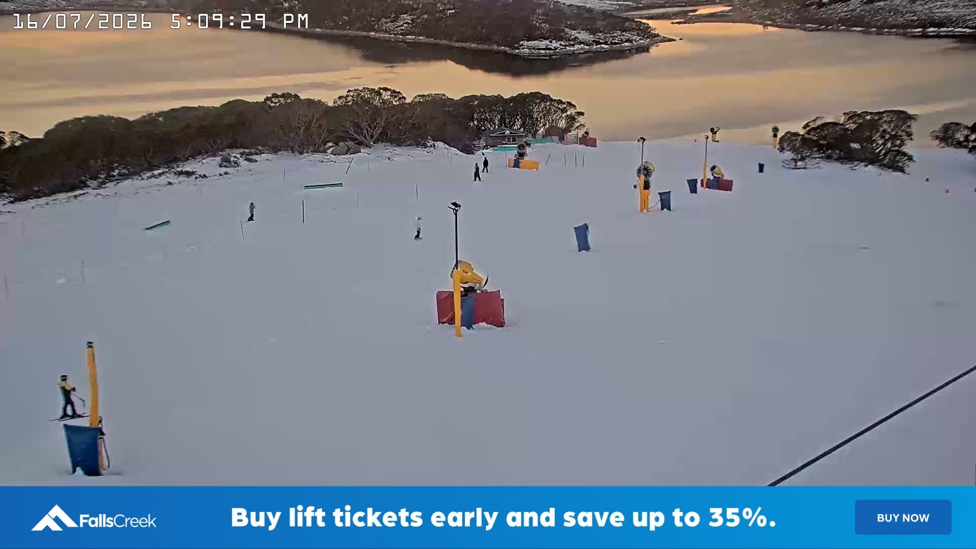 Falls Creek Drover's Dream Lake View snow cam captured at 16 July 2026 at 5:19 pm AEST