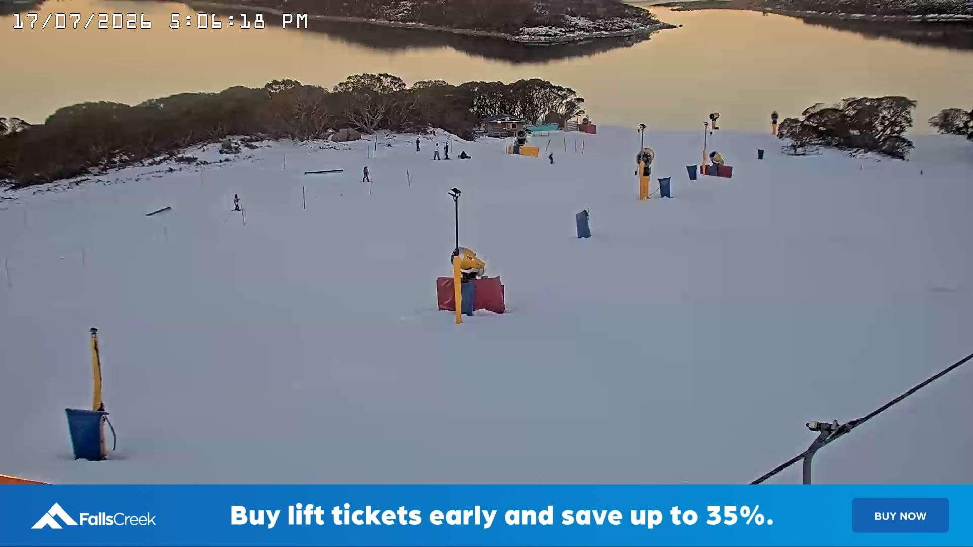 Falls Creek Drover's Dream Lake View snow cam captured at 17 July 2026 at 5:20 pm AEST