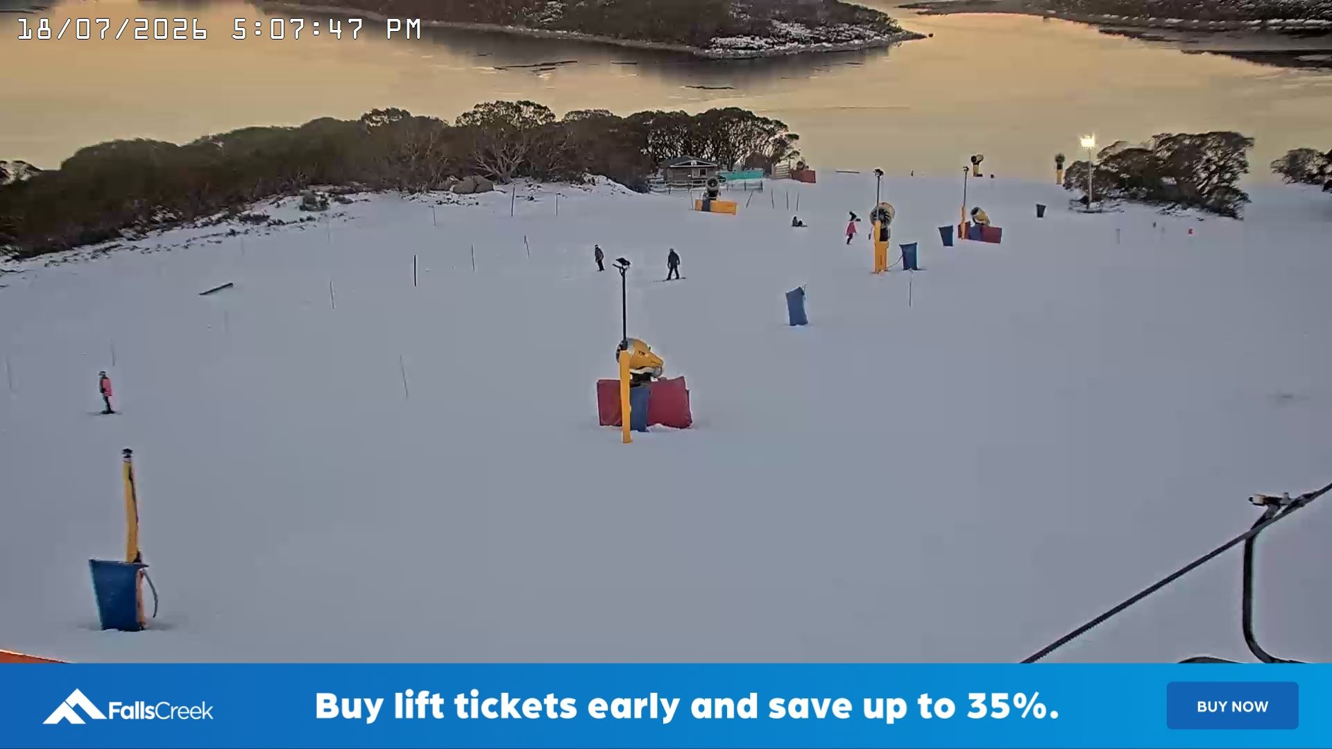 Falls Creek Drover's Dream Lake View snow cam captured at 18 July 2026 at 5:10 pm AEST